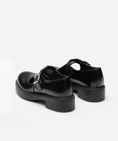 Prada Black Brushed-Leather Mary Jane T-Strap Shoes