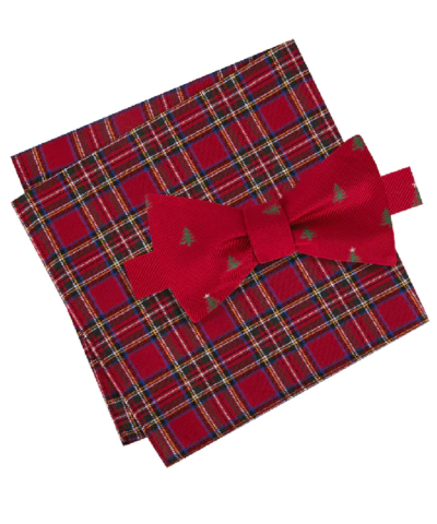 Tommy Hilfiger Men's Tree Print Bow Tie & Royal Stewart Tartan Pocket Square Set