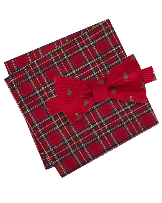 Tommy Hilfiger Men's Tree Print Bow Tie & Royal Stewart Tartan Pocket Square Set