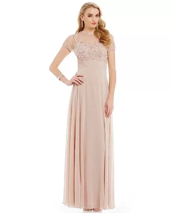 JS Collections Embellished Mesh & Chiffon Gown