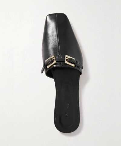 By Far Rado Buckled Creased Glossed-Leather Slippers In Black