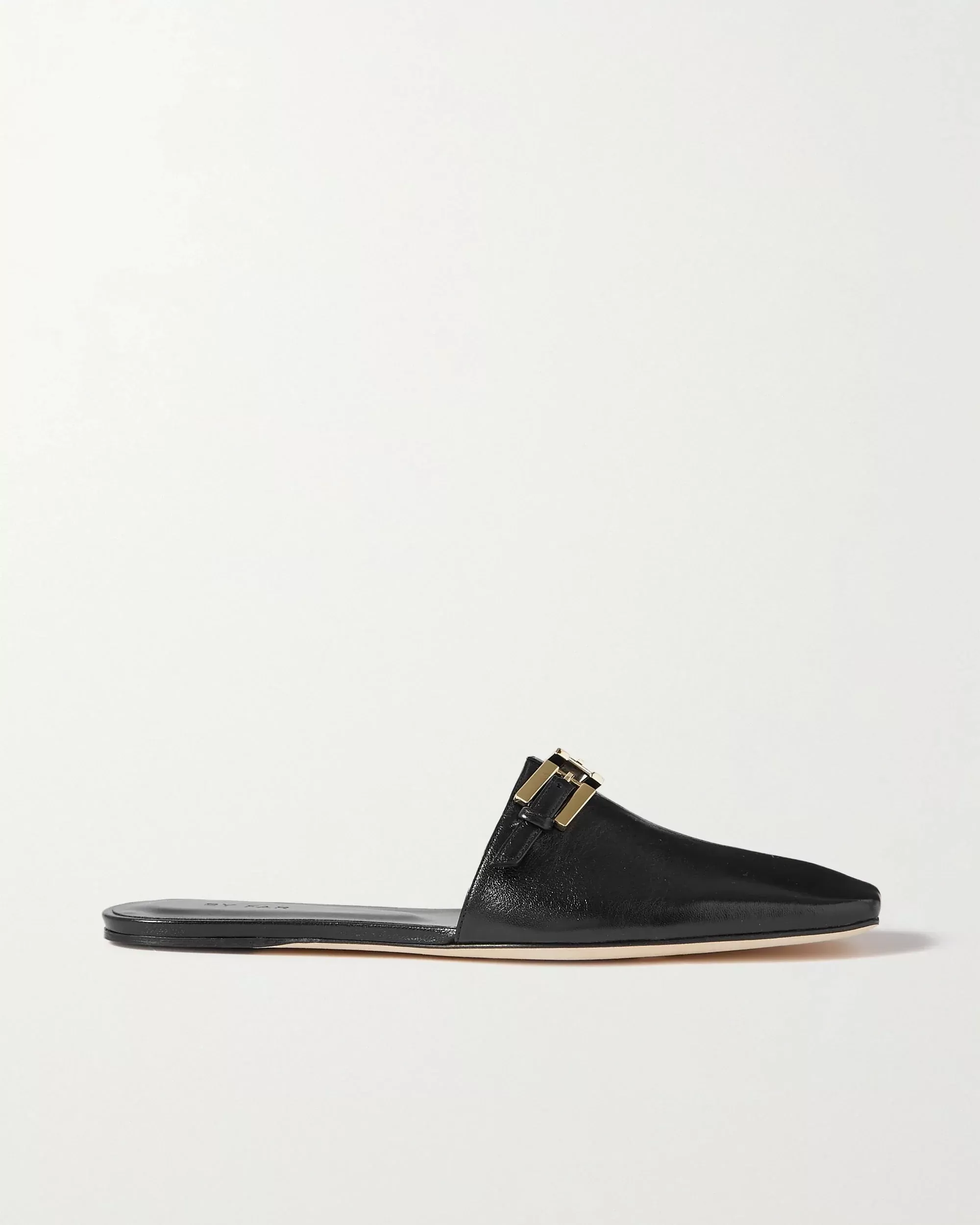 By Far Rado Buckled Creased Glossed-Leather Slippers In Black