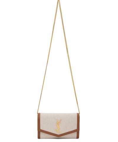 Saint Laurent Beige & Brown Canvas Uptown Chain Wallet Bag