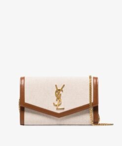 Saint Laurent Beige & Brown Canvas Uptown Chain Wallet Bag