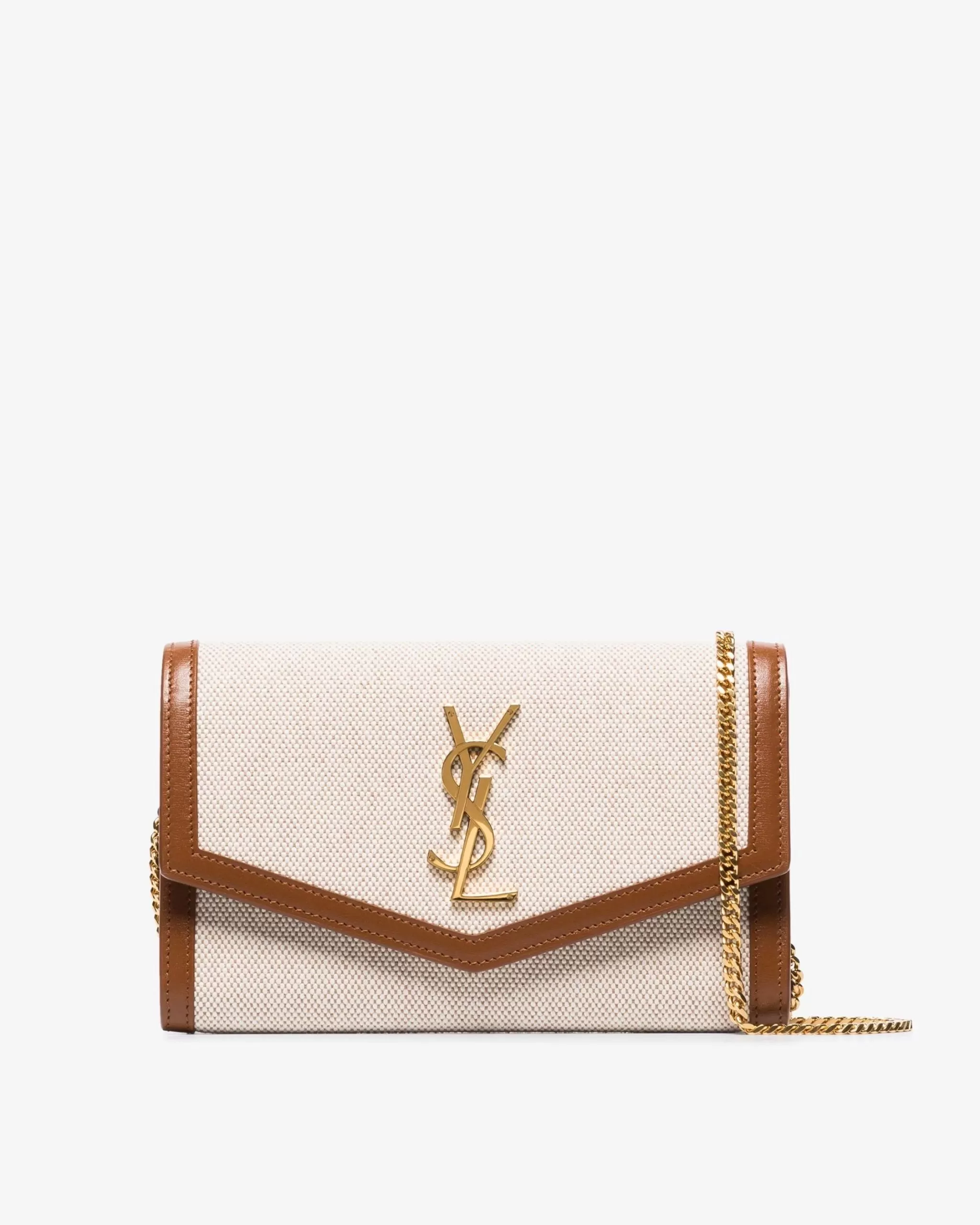 Saint Laurent Beige & Brown Canvas Uptown Chain Wallet Bag