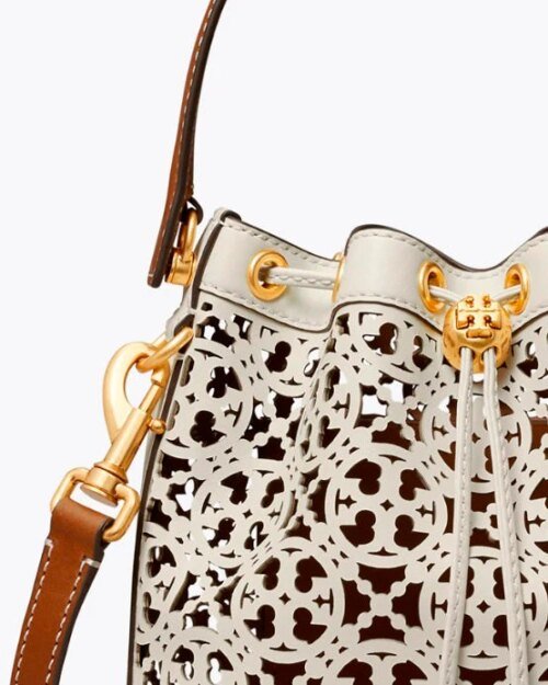 Tory Burch T Monogram Laser-Cut Leather Bucket Bag