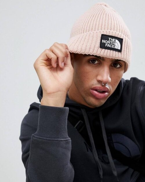 The North Face Logo Box Cuffed Beanie In Pink