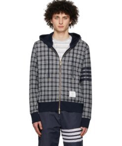 Thom Browne Men's 4-Bar Stripe Jacquard-Check Cotton Hoodie