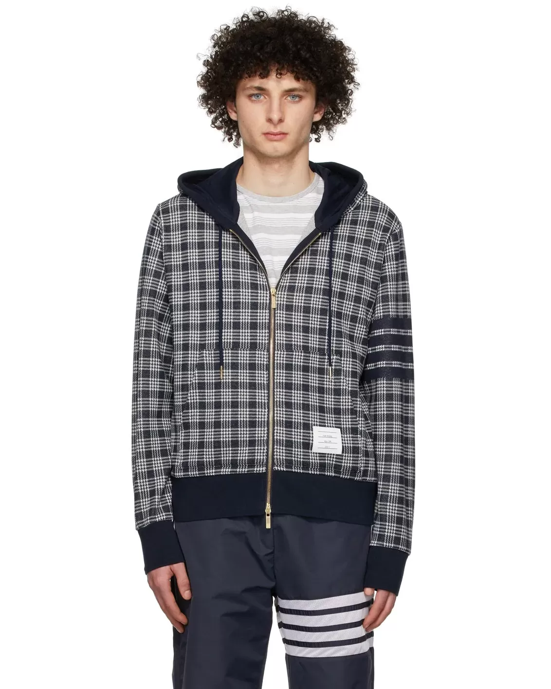 Thom Browne Men's 4-Bar Stripe Jacquard-Check Cotton Hoodie