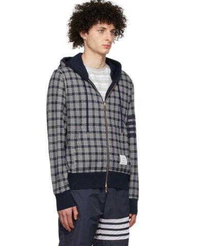 Thom Browne Men's 4-Bar Stripe Jacquard-Check Cotton Hoodie
