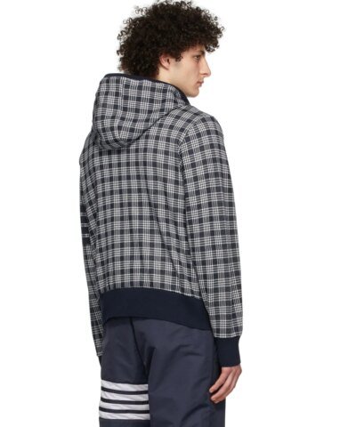 Thom Browne Men's 4-Bar Stripe Jacquard-Check Cotton Hoodie