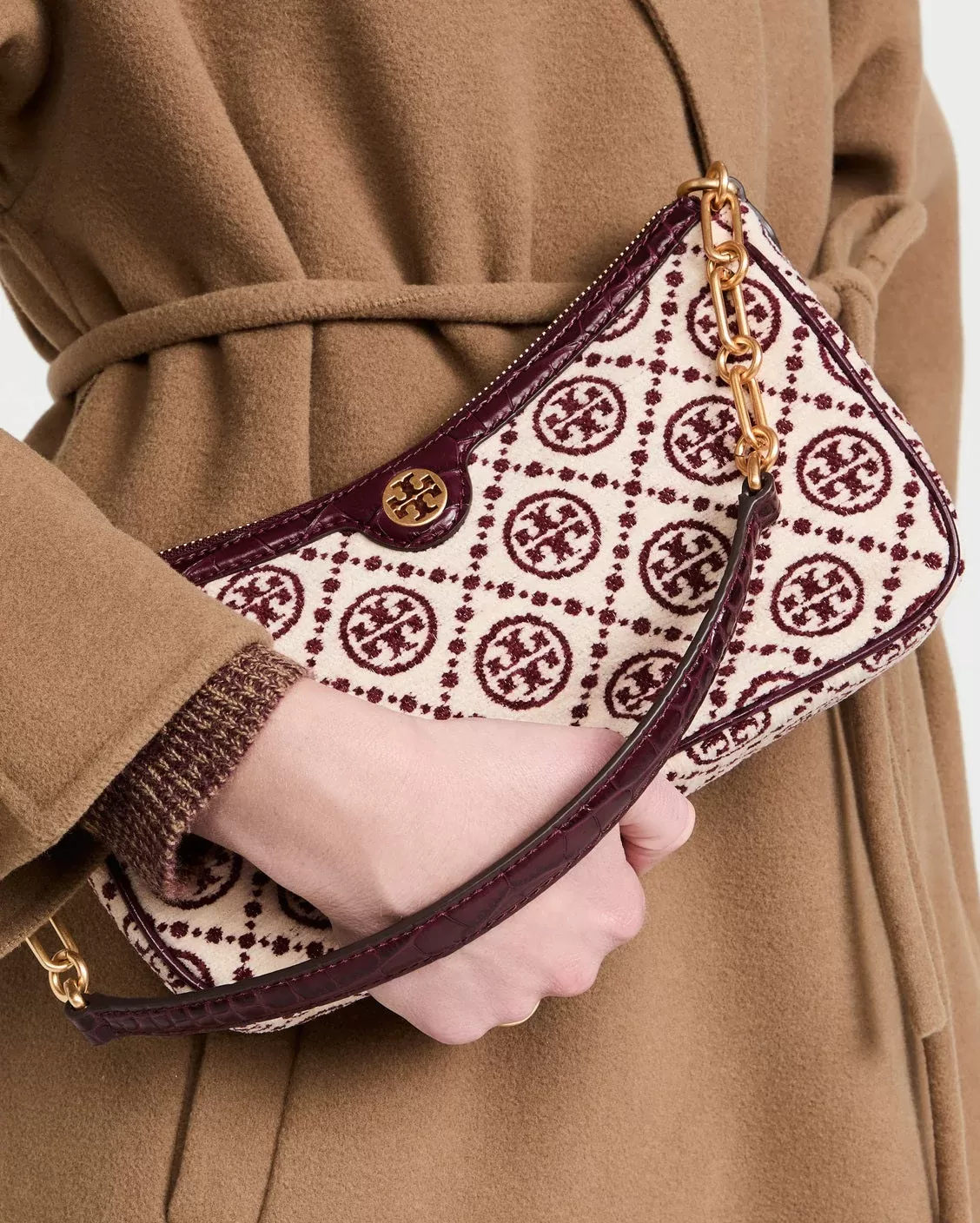 Tory Burch T Monogram Jacquard Studio Bag In Claret/New Cream