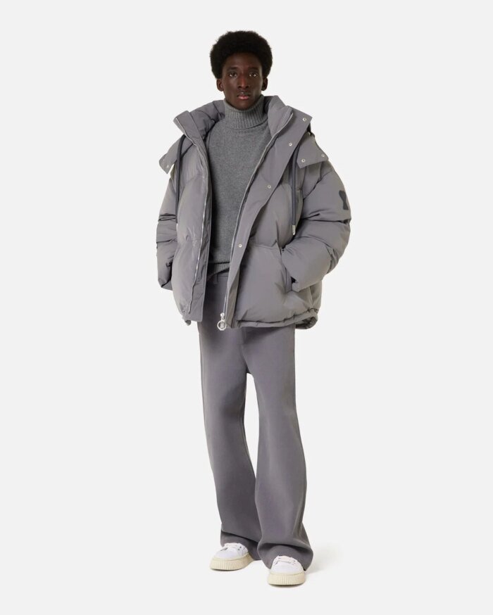 Ami Paris Men's Grey Hooded Down Jacket