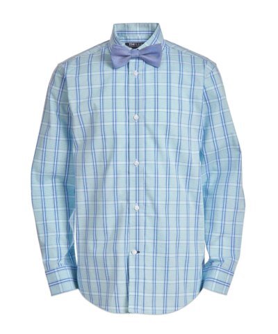 Tommy Hilfiger Big Boys 2-Pc. Stretch Plaid Dress Shirt & Blue Burlap Bow Tie Set
