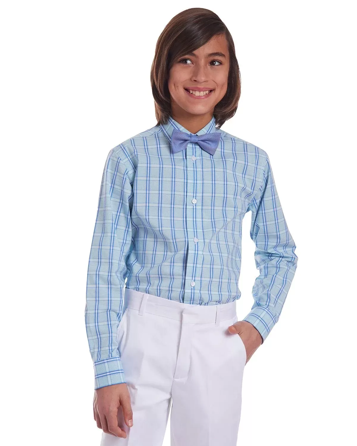 Tommy Hilfiger Big Boys 2-Pc. Stretch Plaid Dress Shirt & Blue Burlap Bow Tie Set