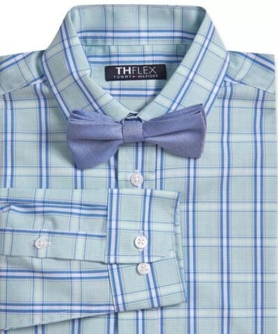 Tommy Hilfiger Big Boys 2-Pc. Stretch Plaid Dress Shirt & Blue Burlap Bow Tie Set