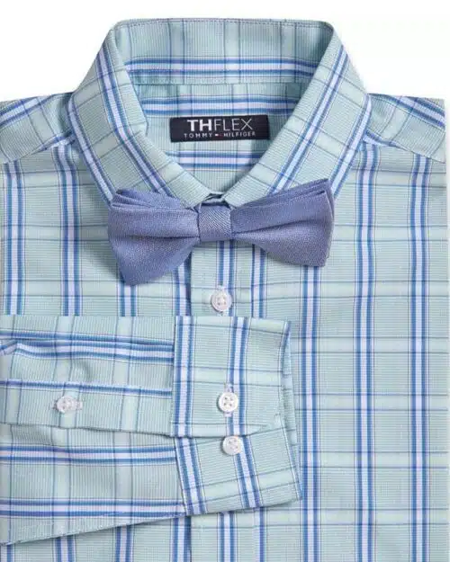 Tommy Hilfiger Big Boys 2-Pc. Stretch Plaid Dress Shirt & Blue Burlap Bow Tie Set