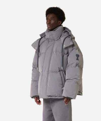 Ami Paris Men's Grey Hooded Down Jacket