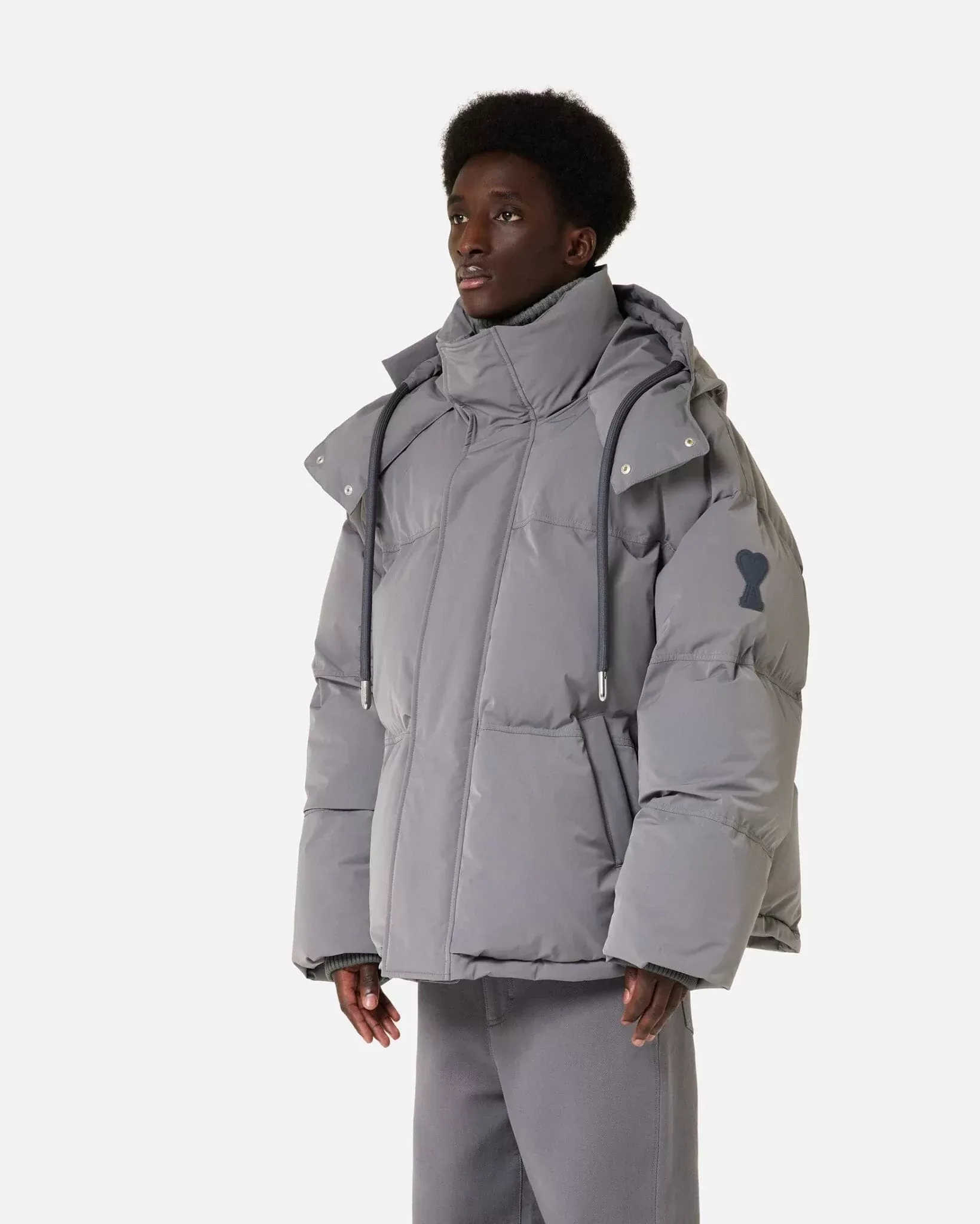 Ami Paris Men's Grey Hooded Down Jacket