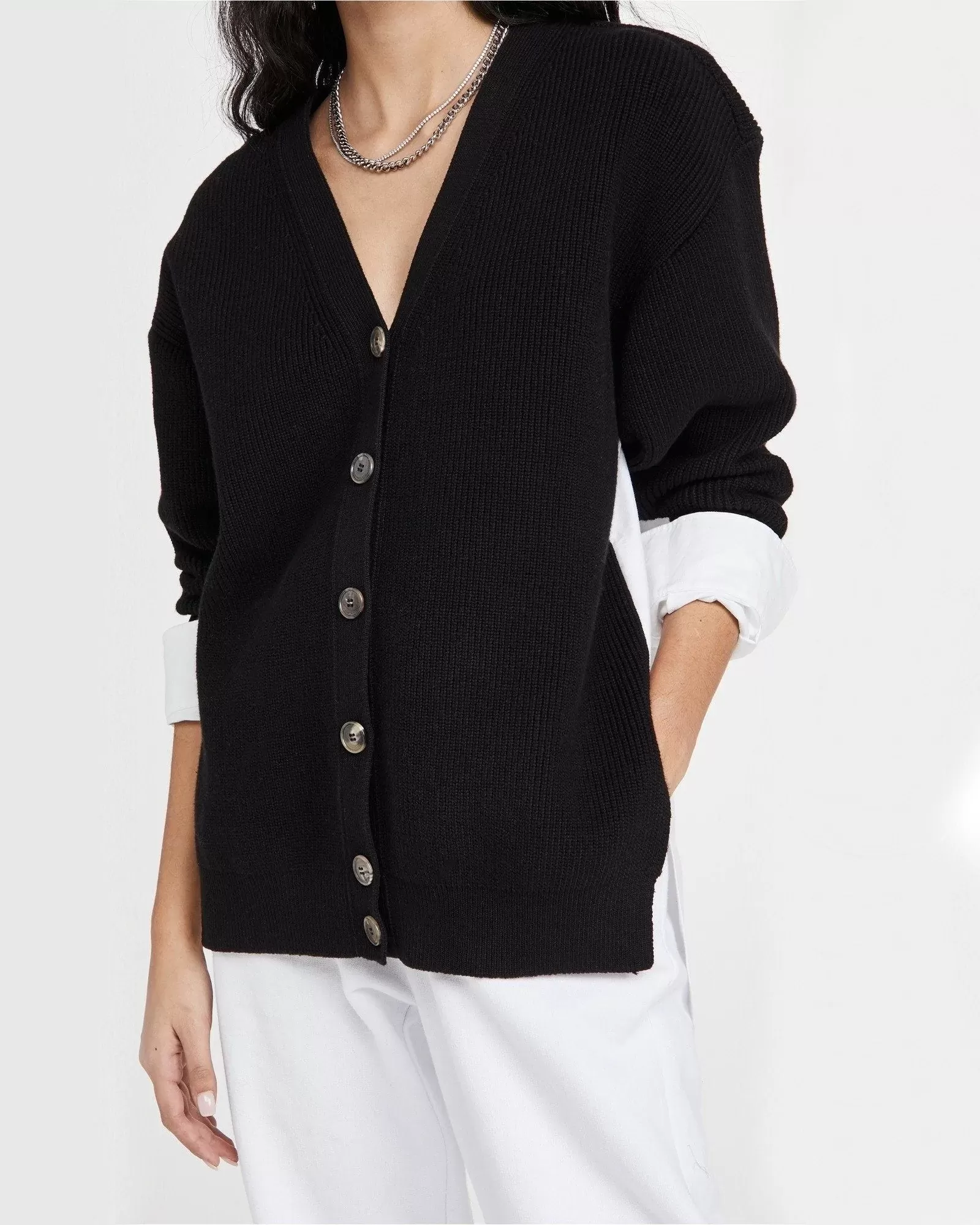 Alexander Wang.t Bi-Layer V Neck Cardigan with Oxford Shirting