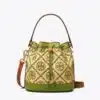 Tory Burch T Monogram Straw Bucket Bag In Natural / Shiso