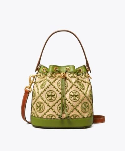 Tory Burch T Monogram Straw Bucket Bag In Natural / Shiso