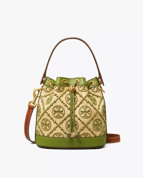 Tory Burch T Monogram Straw Bucket Bag In Natural / Shiso