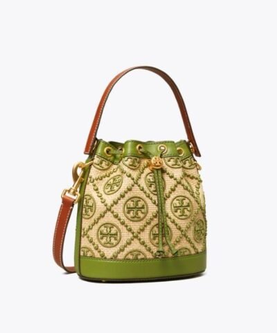 Tory Burch T Monogram Straw Bucket Bag In Natural / Shiso