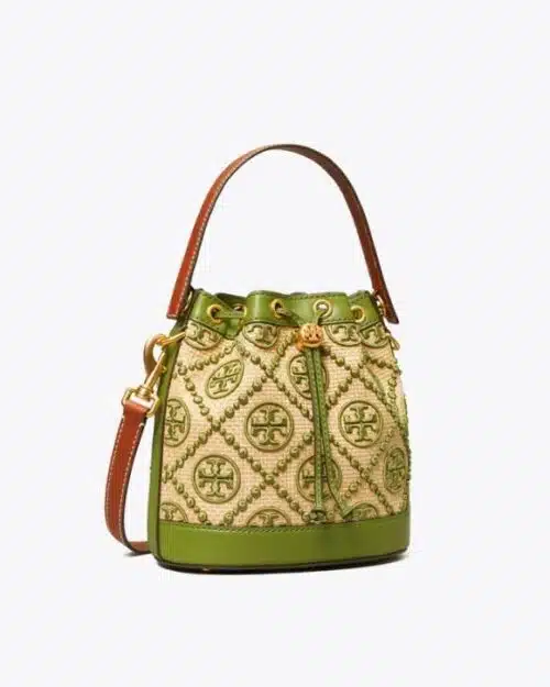 Tory Burch T Monogram Straw Bucket Bag In Natural / Shiso