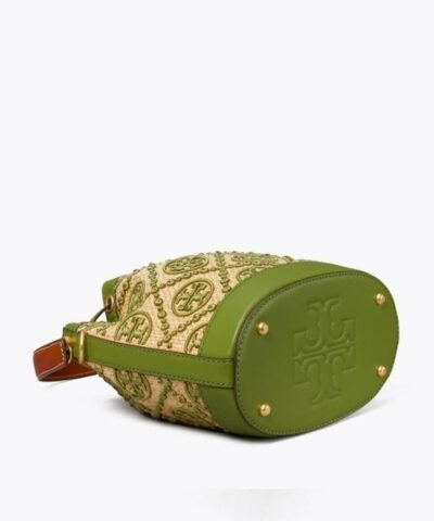 Tory Burch T Monogram Straw Bucket Bag In Natural / Shiso