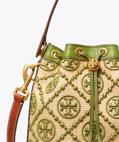 Tory Burch T Monogram Straw Bucket Bag In Natural / Shiso