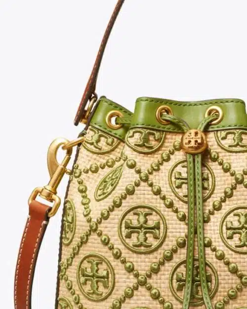 Tory Burch T Monogram Straw Bucket Bag In Natural / Shiso