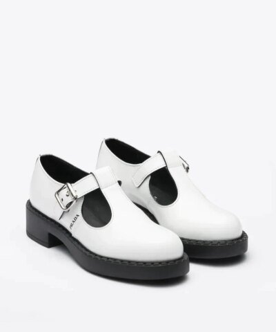 Prada White Brushed-Leather Mary Jane T-Strap Shoes