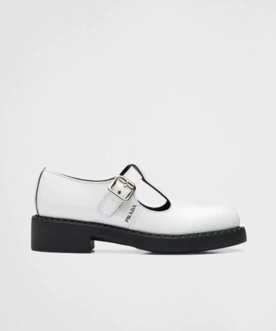 Prada White Brushed-Leather Mary Jane T-Strap Shoes