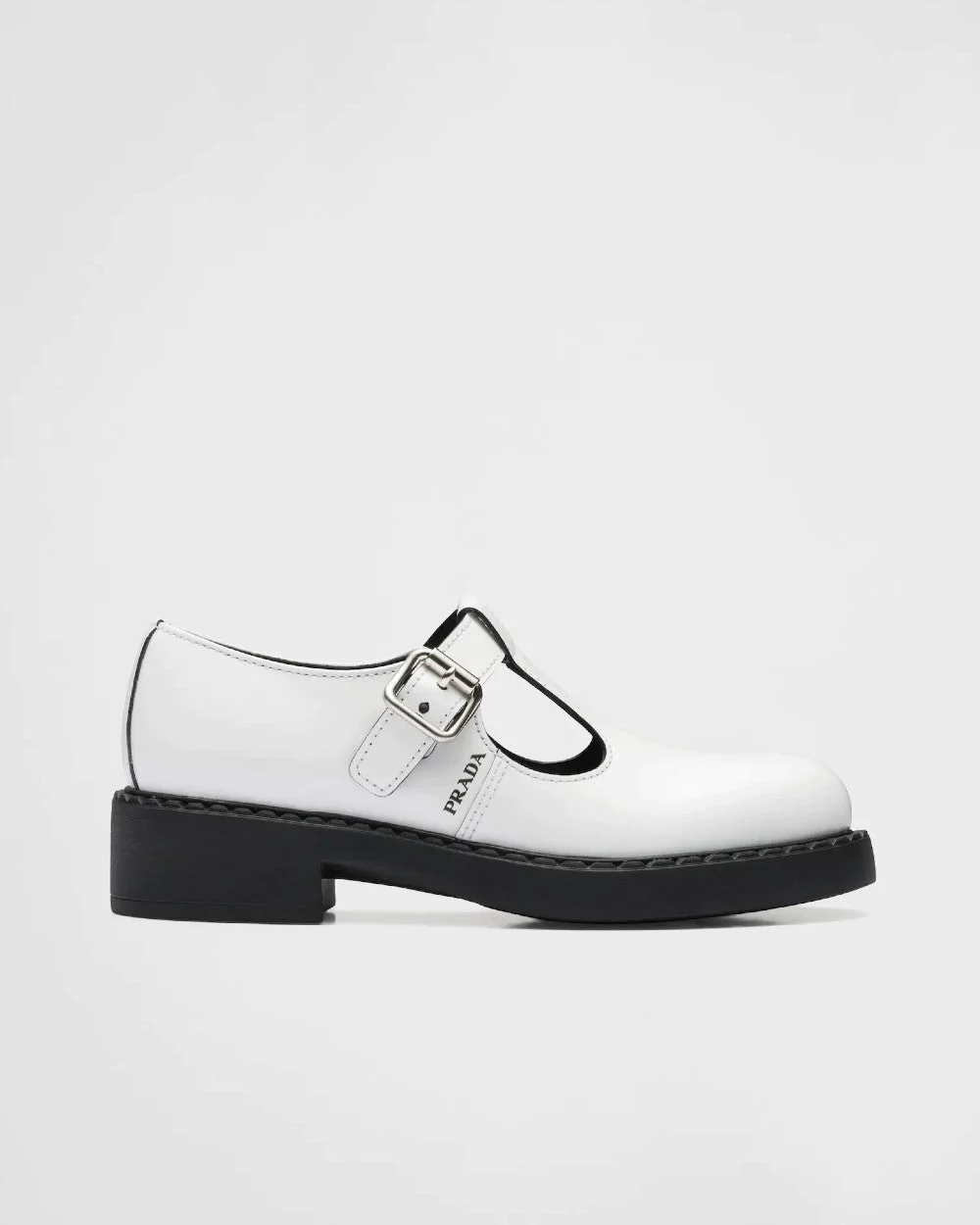 Prada White Brushed-Leather Mary Jane T-Strap Shoes