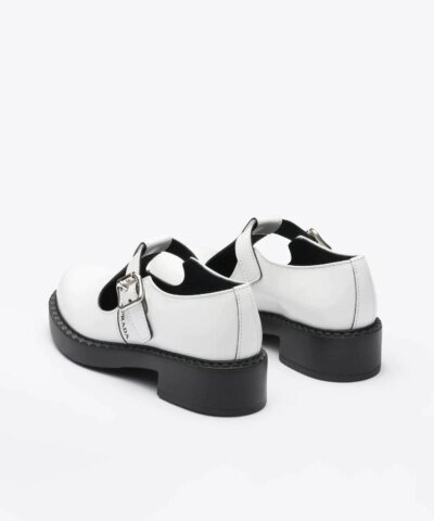 Prada White Brushed-Leather Mary Jane T-Strap Shoes