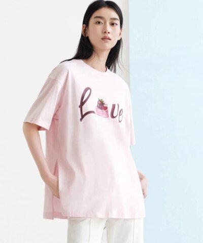 Mo&Co Oversized Cartoon Letter Print Cotton T-shirt