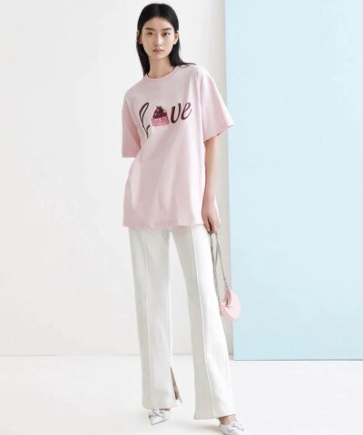 Mo&Co Oversized Cartoon Letter Print Cotton T-shirt