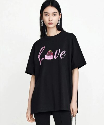 Mo&Co Oversized Cartoon Letter Print Cotton T-shirt