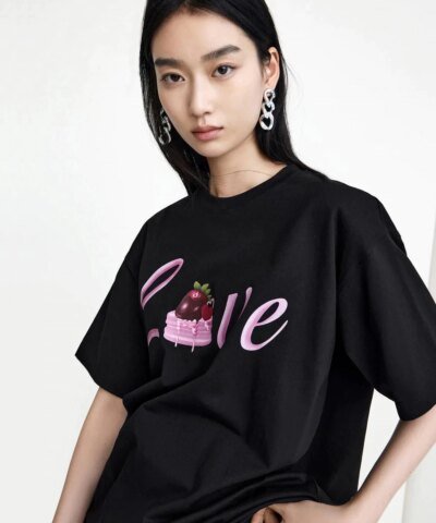 Mo&Co Oversized Cartoon Letter Print Cotton T-shirt
