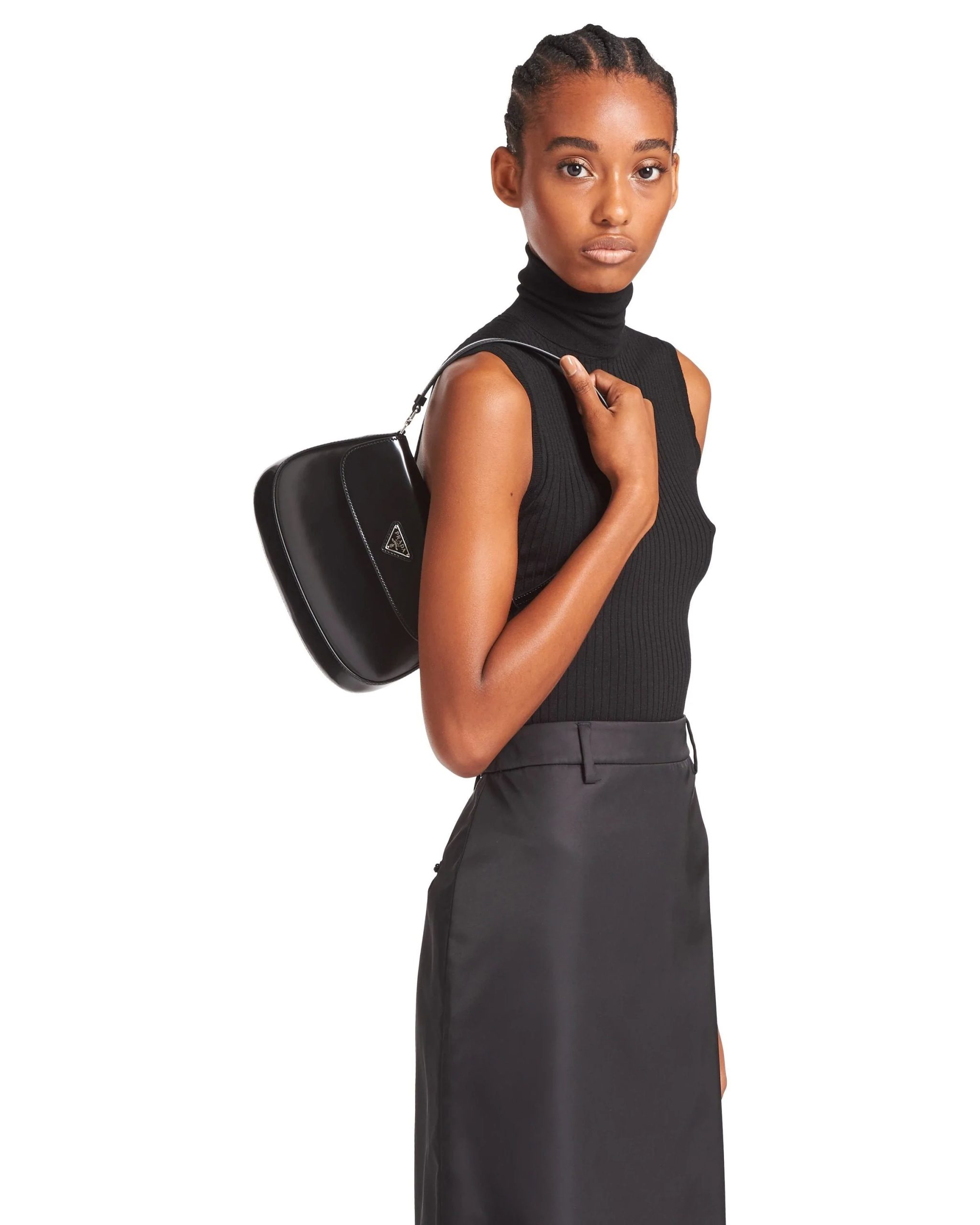 Prada Cleo Brushed Leather Shoulder Bag With Flap, Black