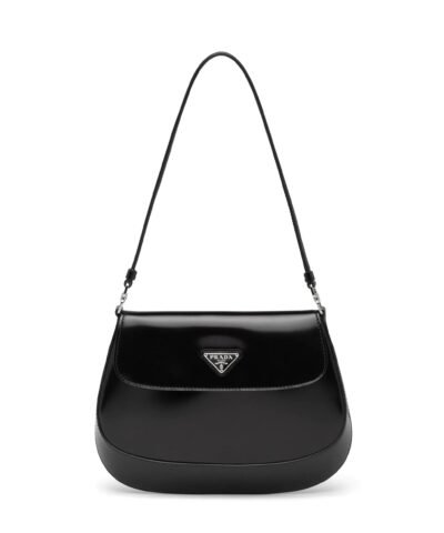 Prada Cleo Brushed Leather Shoulder Bag With Flap, Black