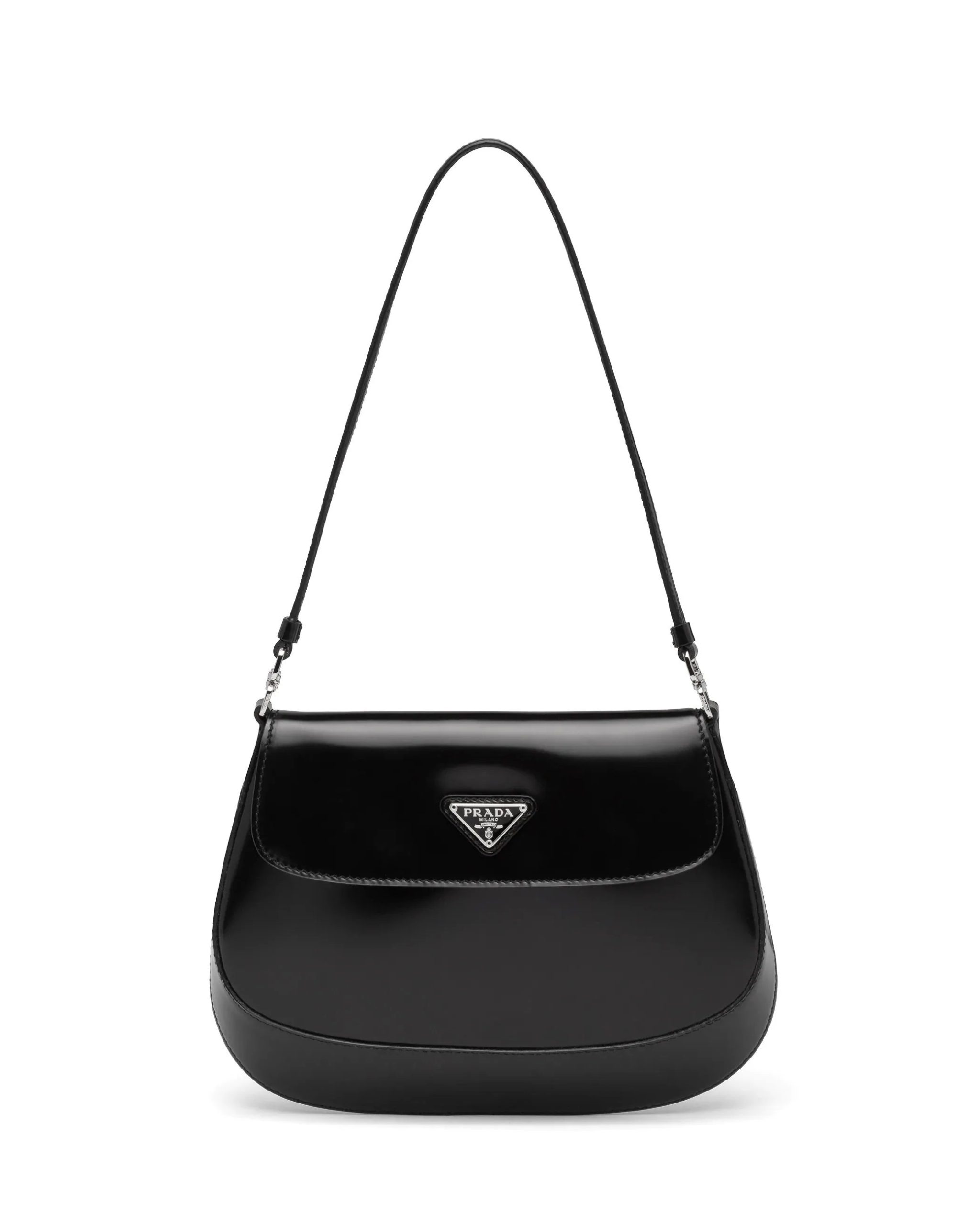 Prada Cleo Brushed Leather Shoulder Bag With Flap, Black