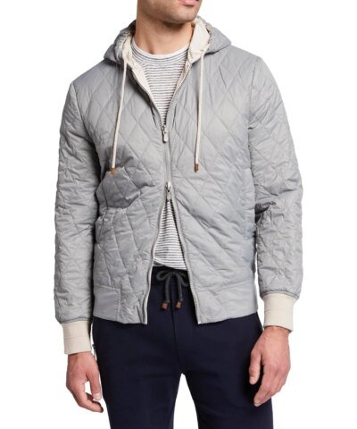 Brunello Cucinelli Men's Beige Reversible Quilted/Flat Bomber Jacket