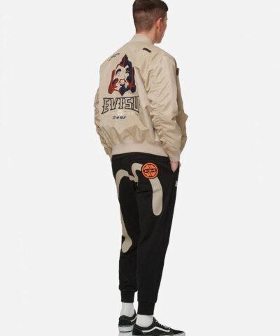 Evisu Leather and denim appliquéd Godhead MA-1 Bomber Jacket