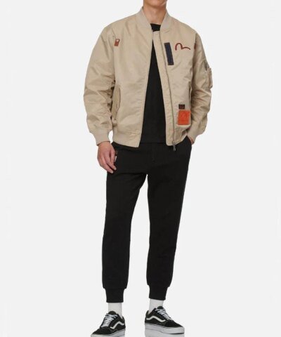 Evisu Leather and denim appliquéd Godhead MA-1 Bomber Jacket