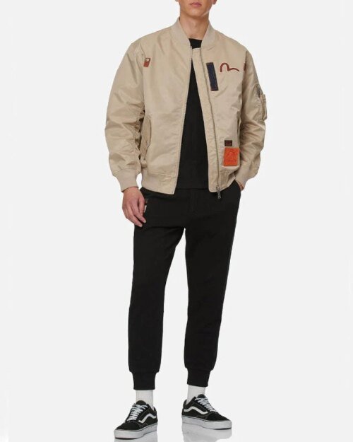 Evisu Leather and denim appliquéd Godhead MA-1 Bomber Jacket
