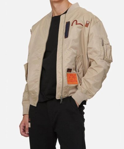 Evisu Leather and denim appliquéd Godhead MA-1 Bomber Jacket