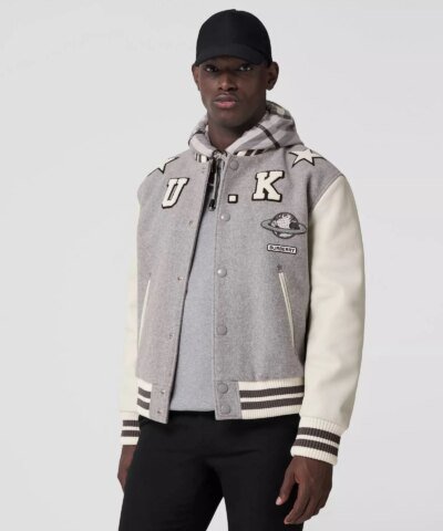 Burberry Leather Sleeve Technical Wool Varsity Jacket