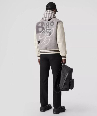 Burberry Leather Sleeve Technical Wool Varsity Jacket